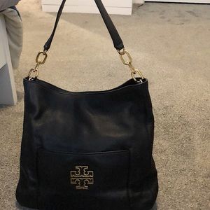 Black Tory Burch purse with part gold chain handle